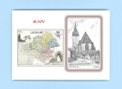 Cartes Postales impression Noir avec dpartement sur la ville de BLAIN Titre : eglise