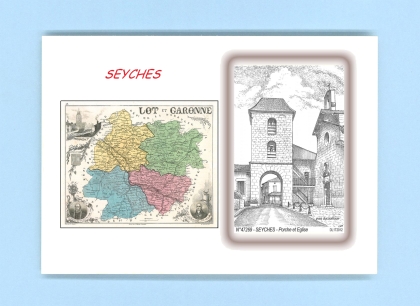 Cartes Postales impression Noir avec dpartement sur la ville de SEYCHES Titre : porche et eglise