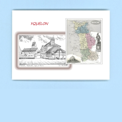 Cartes Postales impression Noir avec dpartement sur la ville de YQUELON Titre : eglise et mairie