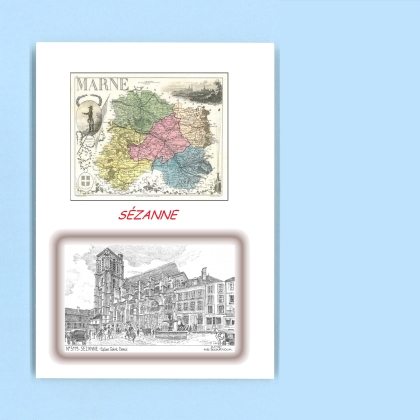 Cartes Postales impression Noir avec dpartement sur la ville de SEZANNE Titre : eglise st denis