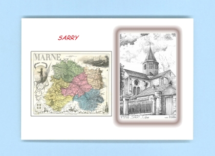 Cartes Postales impression Noir avec dpartement sur la ville de SARRY Titre : eglise