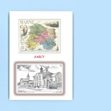 Cartes Postales impression Noir avec dpartement sur la ville de SARCY Titre : eglise et mairie