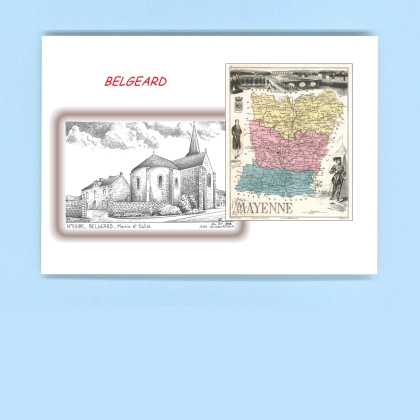 Cartes Postales impression Noir avec dpartement sur la ville de BELGEARD Titre : mairie et eglise