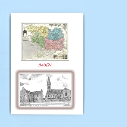 Cartes Postales impression Noir avec dpartement sur la ville de BADEN Titre : eglise et maison des associati