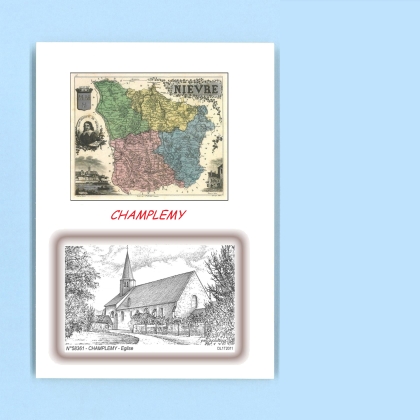 Cartes Postales impression Noir avec dpartement sur la ville de CHAMPLEMY Titre : eglise