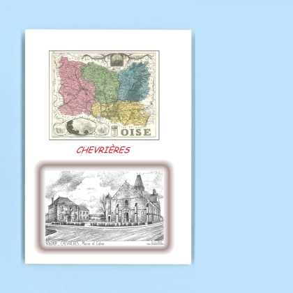 Cartes Postales impression Noir avec dpartement sur la ville de CHEVRIERES Titre : mairie et eglise