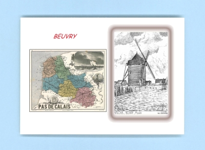 Cartes Postales impression Noir avec dpartement sur la ville de BEUVRY Titre : moulin