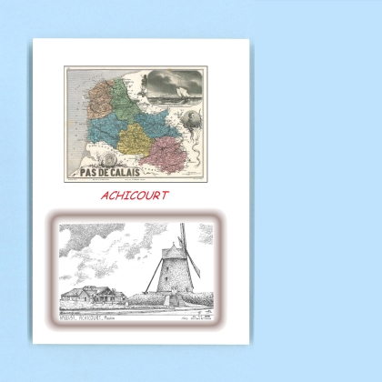Cartes Postales impression Noir avec dpartement sur la ville de ACHICOURT Titre : moulin