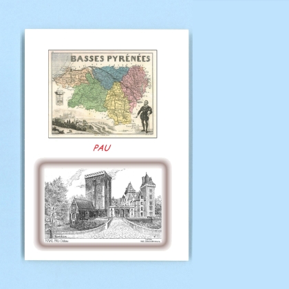Cartes Postales impression Noir avec dpartement sur la ville de PAU Titre : chateau