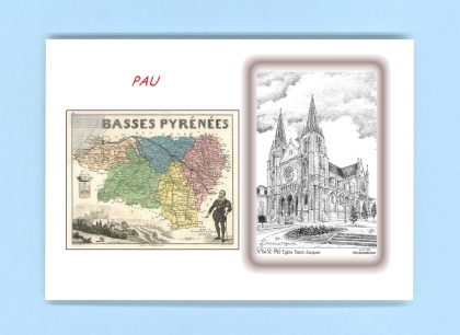 Cartes Postales impression Noir avec dpartement sur la ville de PAU Titre : eglise st jacques