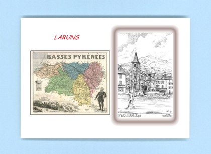 Cartes Postales impression Noir avec dpartement sur la ville de LARUNS Titre : eglise