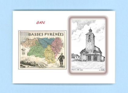 Cartes Postales impression Noir avec dpartement sur la ville de GAN Titre : eglise