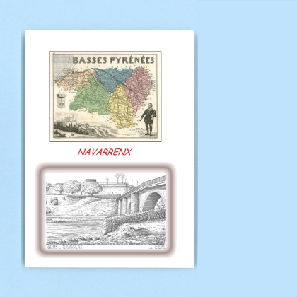 Cartes Postales impression Noir avec dpartement sur la ville de NAVARRENX Titre : pont et vue