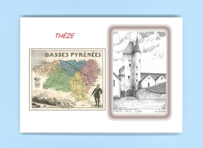 Cartes Postales impression Noir avec dpartement sur la ville de THEZE Titre : eglise