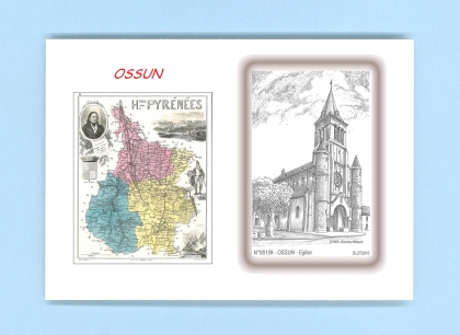 Cartes Postales impression Noir avec dpartement sur la ville de OSSUN Titre : eglise