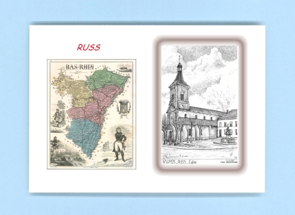 Cartes Postales impression Noir avec dpartement sur la ville de RUSS Titre : eglise