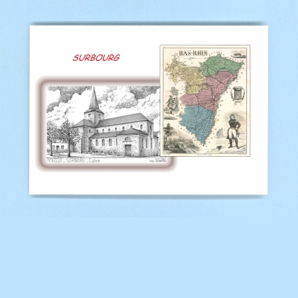 Cartes Postales impression Noir avec dpartement sur la ville de SURBOURG Titre : eglise