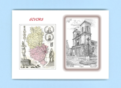 Cartes Postales impression Noir avec dpartement sur la ville de GIVORS Titre : eglise