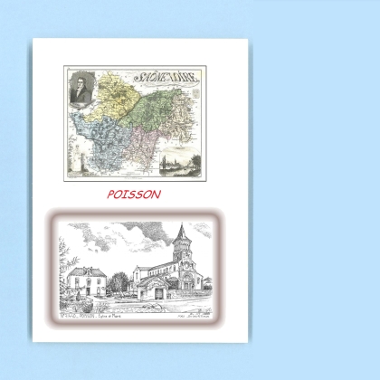 Cartes Postales impression Noir avec dpartement sur la ville de POISSON Titre : eglise et mairie