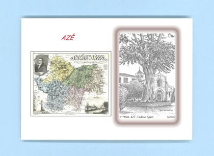 Cartes Postales impression Noir avec dpartement sur la ville de AZE Titre : cedre et eglise