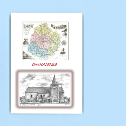 Cartes Postales impression Noir avec dpartement sur la ville de CHAHAIGNES Titre : eglise