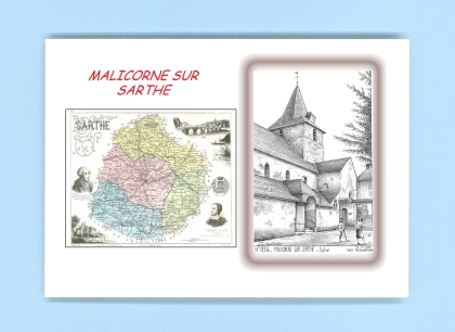 Cartes Postales impression Noir avec dpartement sur la ville de MALICORNE SUR SARTHE Titre : eglise