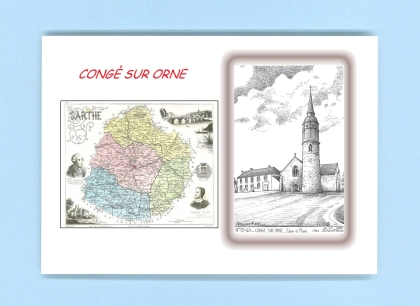 Cartes Postales impression Noir avec dpartement sur la ville de CONGE SUR ORNE Titre : eglise et mairie