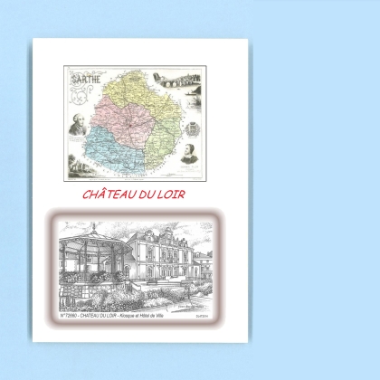 Cartes Postales impression Noir avec dpartement sur la ville de CHATEAU DU LOIR Titre : kiosque et hotel de ville