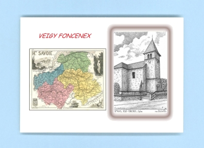 Cartes Postales impression Noir avec dpartement sur la ville de VEIGY FONCENEX Titre : eglise