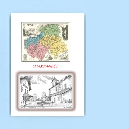 Cartes Postales impression Noir avec dpartement sur la ville de CHAMPANGES Titre : eglise et mairie