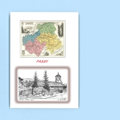 Cartes Postales impression Noir avec dpartement sur la ville de PASSY Titre : eglise