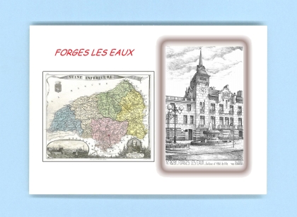 Cartes Postales impression Noir avec dpartement sur la ville de FORGES LES EAUX Titre : fontaine et hotel de ville