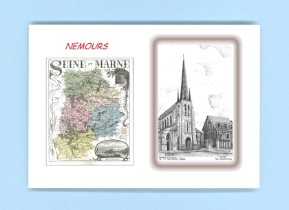 Cartes Postales impression Noir avec dpartement sur la ville de NEMOURS Titre : eglise