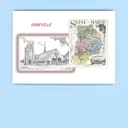 Cartes Postales impression Noir avec dpartement sur la ville de EGREVILLE Titre : halle et eglise