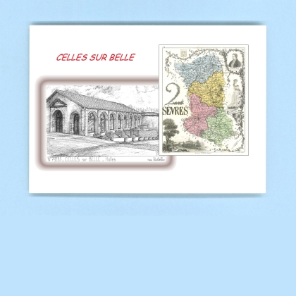 Cartes Postales impression Noir avec dpartement sur la ville de CELLES SUR BELLE Titre : halles