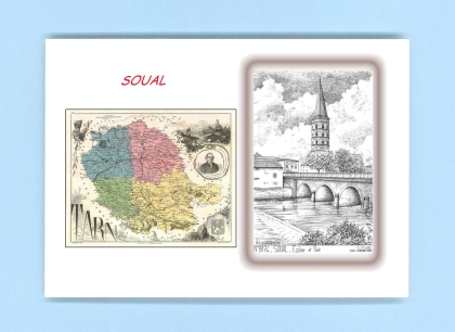 Cartes Postales impression Noir avec dpartement sur la ville de SOUAL Titre : eglise et pont
