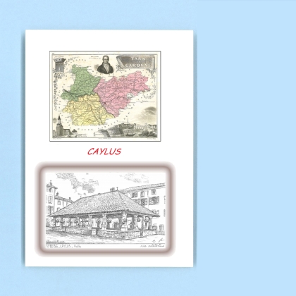 Cartes Postales impression Noir avec dpartement sur la ville de CAYLUS Titre : halle