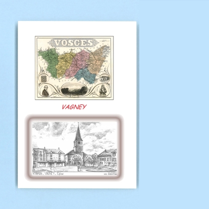 Cartes Postales impression Noir avec dpartement sur la ville de VAGNEY Titre : eglise