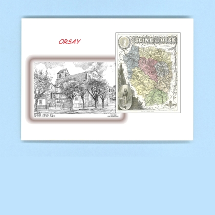 Cartes Postales impression Noir avec dpartement sur la ville de ORSAY Titre : eglise