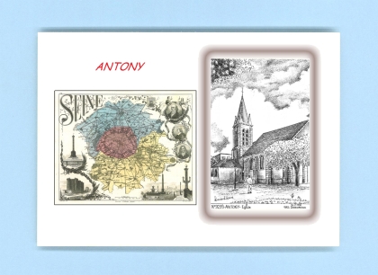 Cartes Postales impression Noir avec dpartement sur la ville de ANTONY Titre : eglise