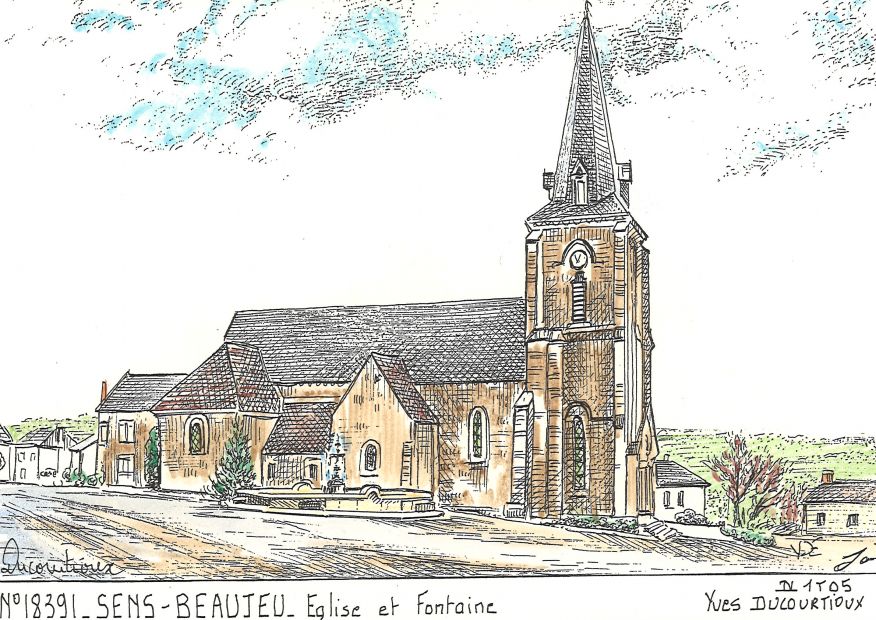 N 18391 - SENS BEAUJEU - église et fontaine